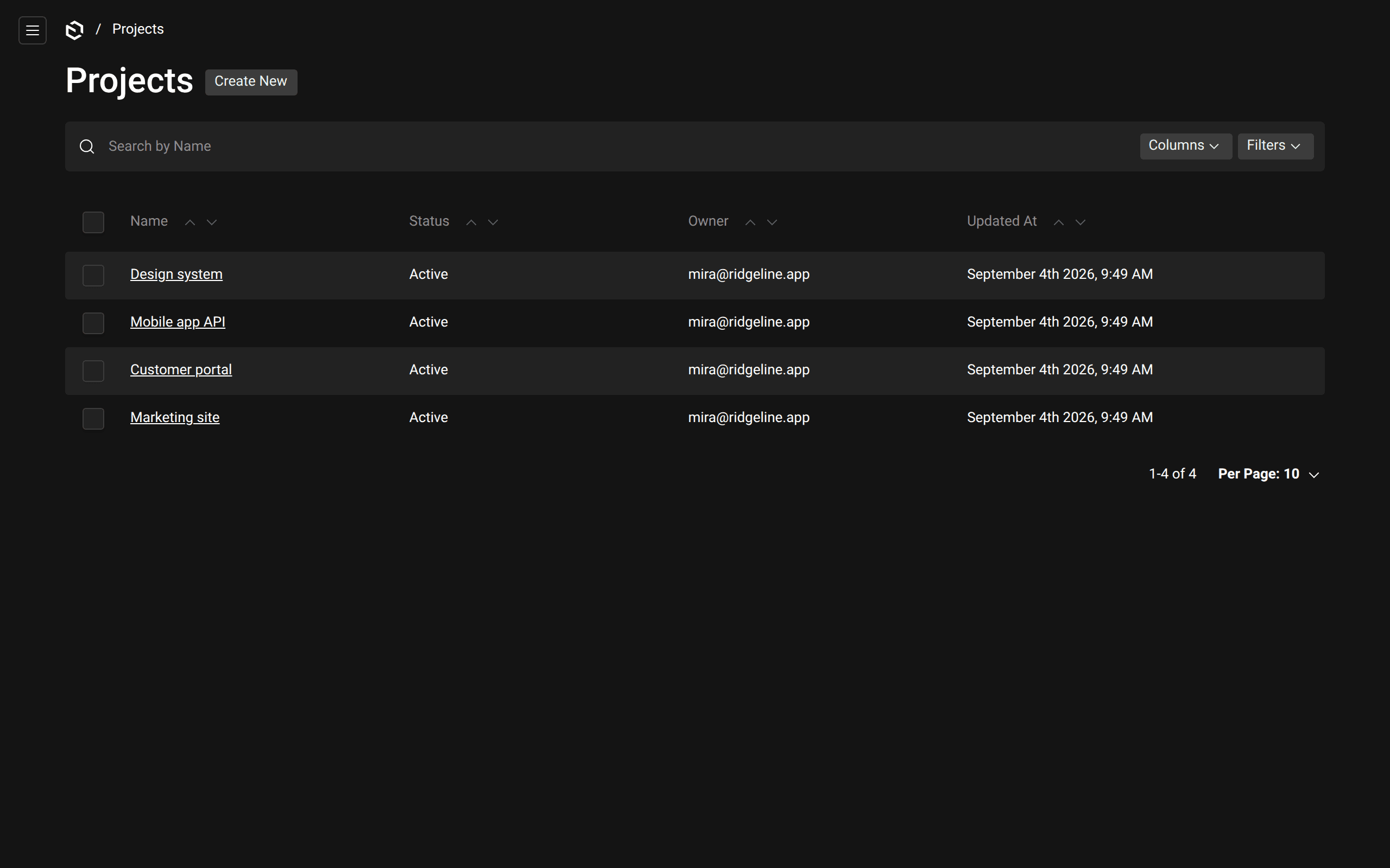 The Payload admin panel listing the projects collection