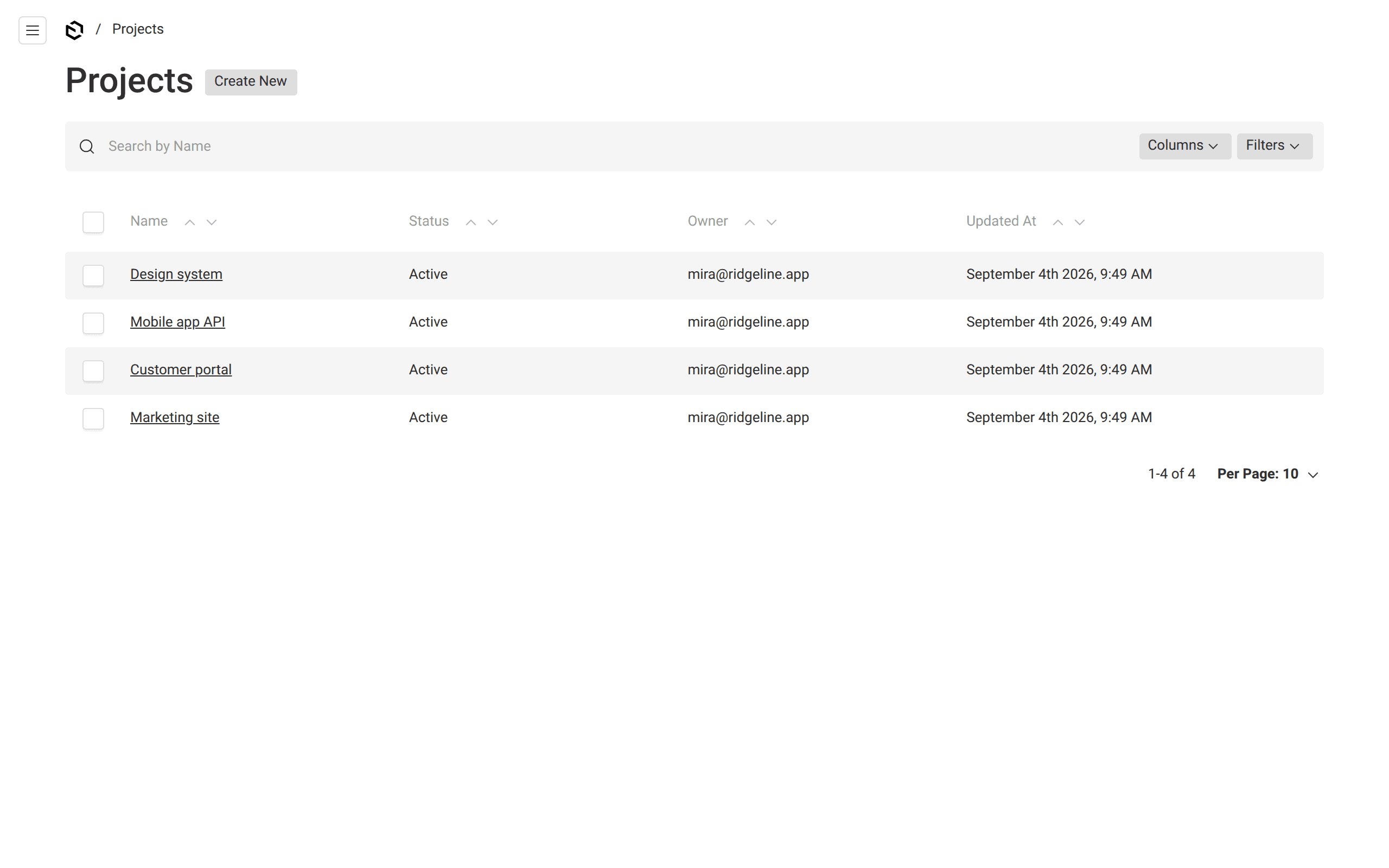 The Payload admin panel listing the projects collection