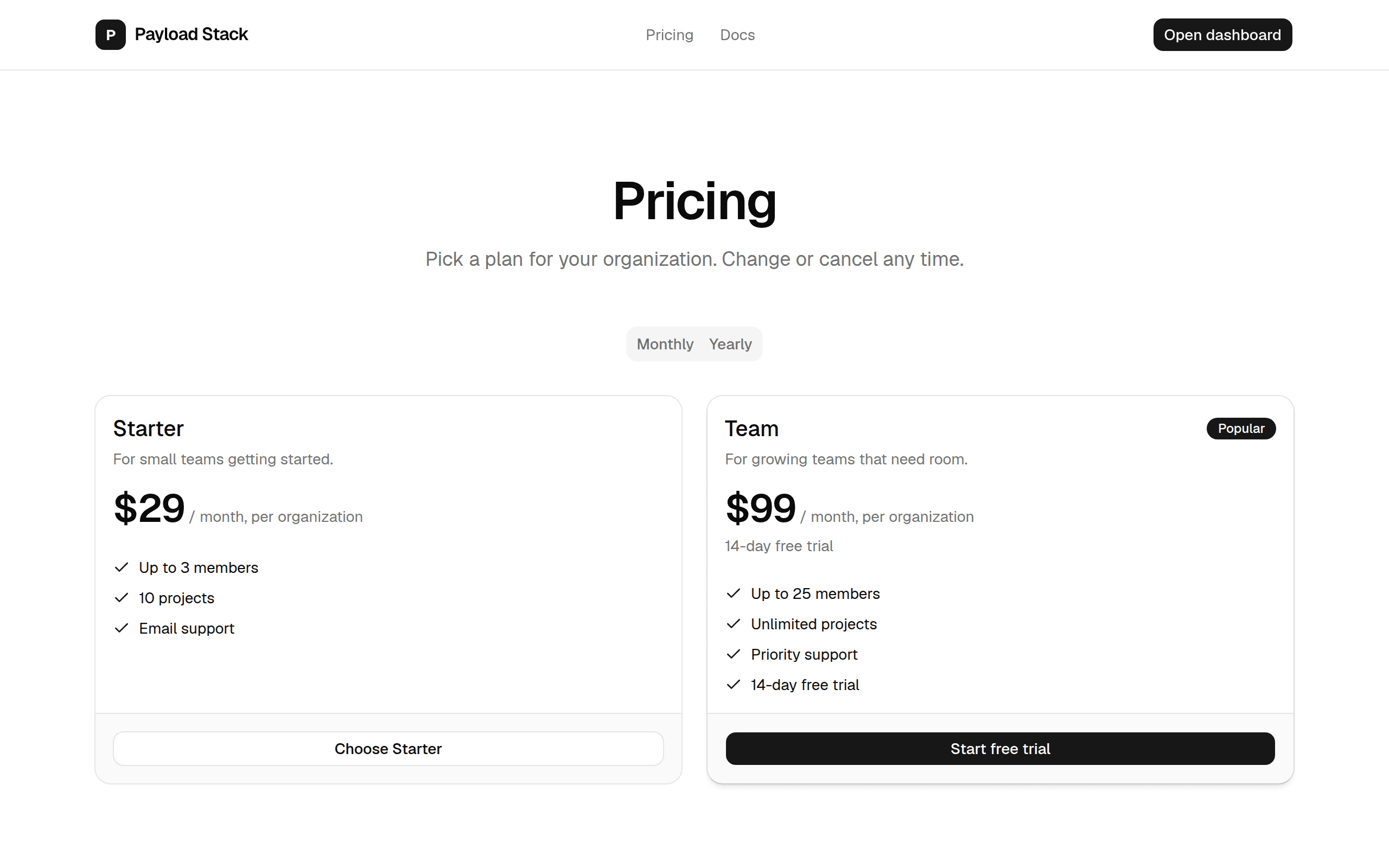 Pricing page with Starter and Team plans, generated from stack.config.ts