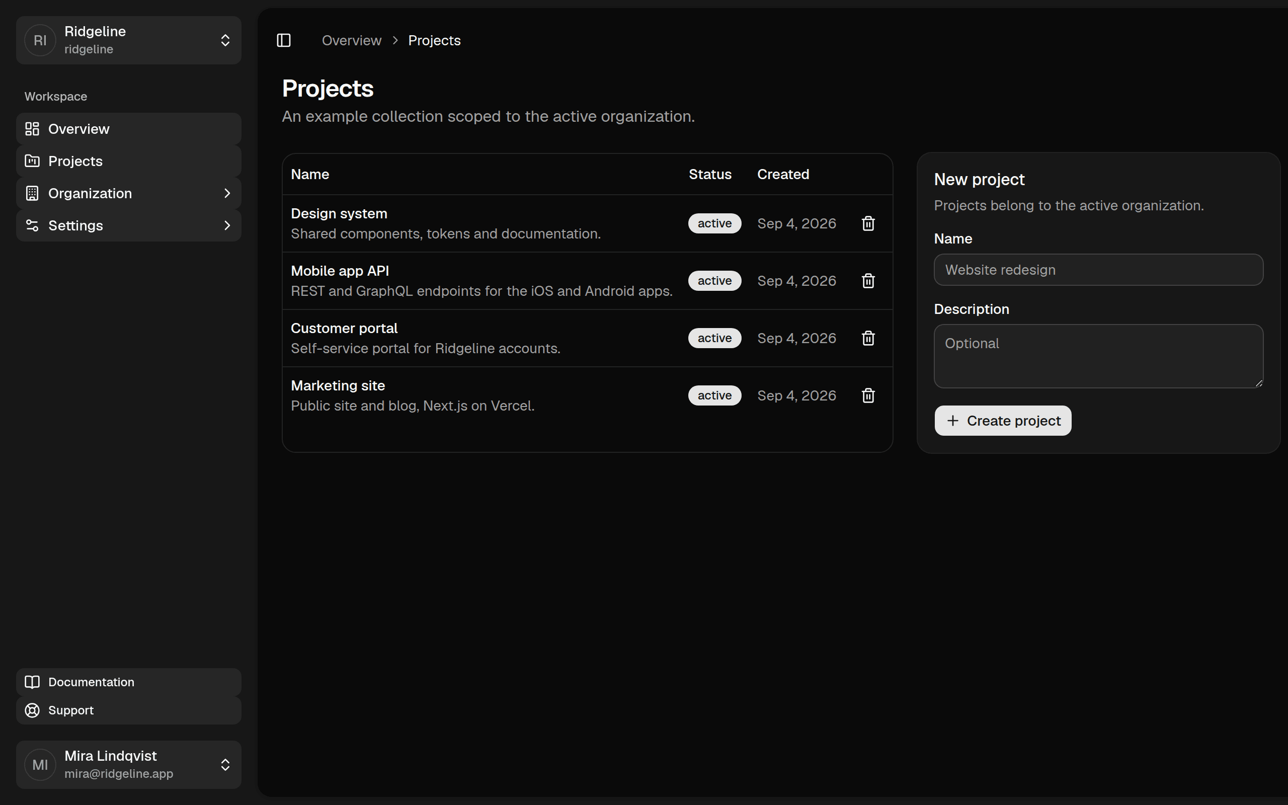 Projects page in the Payload Stack dashboard: a table of four projects and a create form