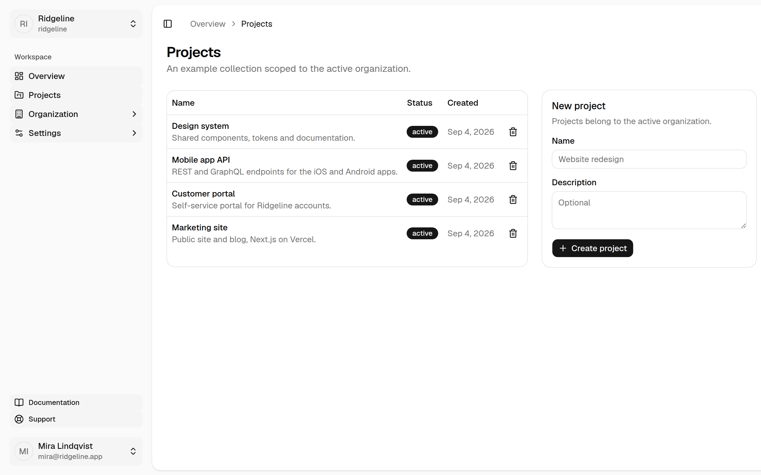 Projects page in the Payload Stack dashboard: a table of four projects and a create form